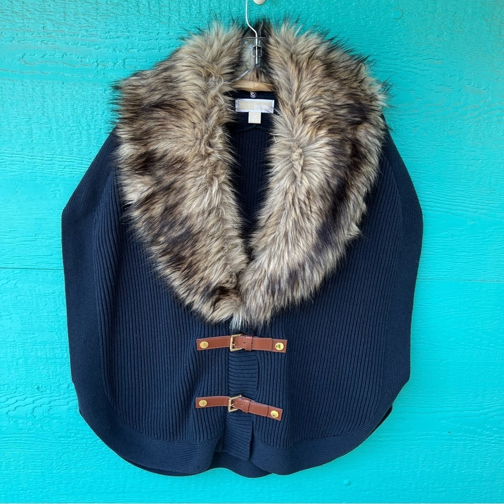 MICHAEL KORS ANGORA BLEND FUR COLLAR PONCHO SWEATER NAVY BLUE SIZE MEDIUM
